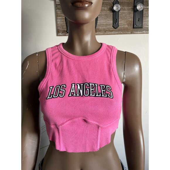 ZARA Womens Pink Ribbed Los Angeles Cropped Tank Top Size L - Picture 2 of 8